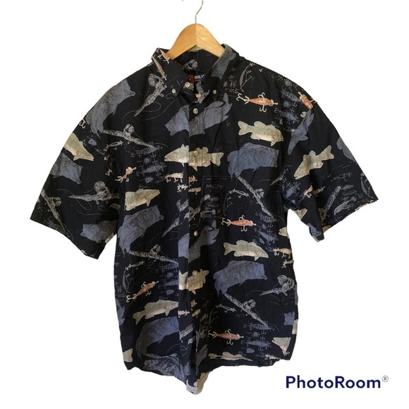 Reel Legends Fishing Shirt Mens Large Black Graphic Button Down Short Sleeve - Picture 1 of 7